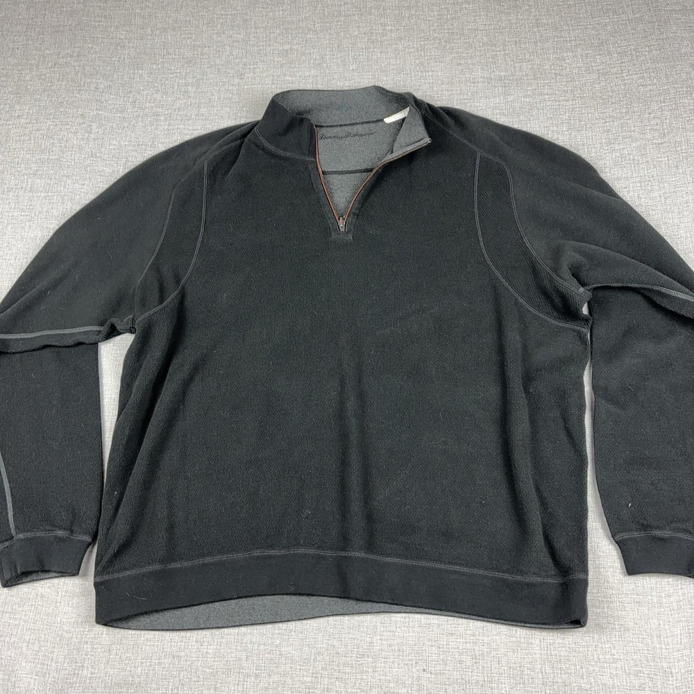 Tommy Bahama Sweater Mens XL Black 1/4 Zip Mock Neck Fleece Pullover Marlin - Picture 1 of 10
